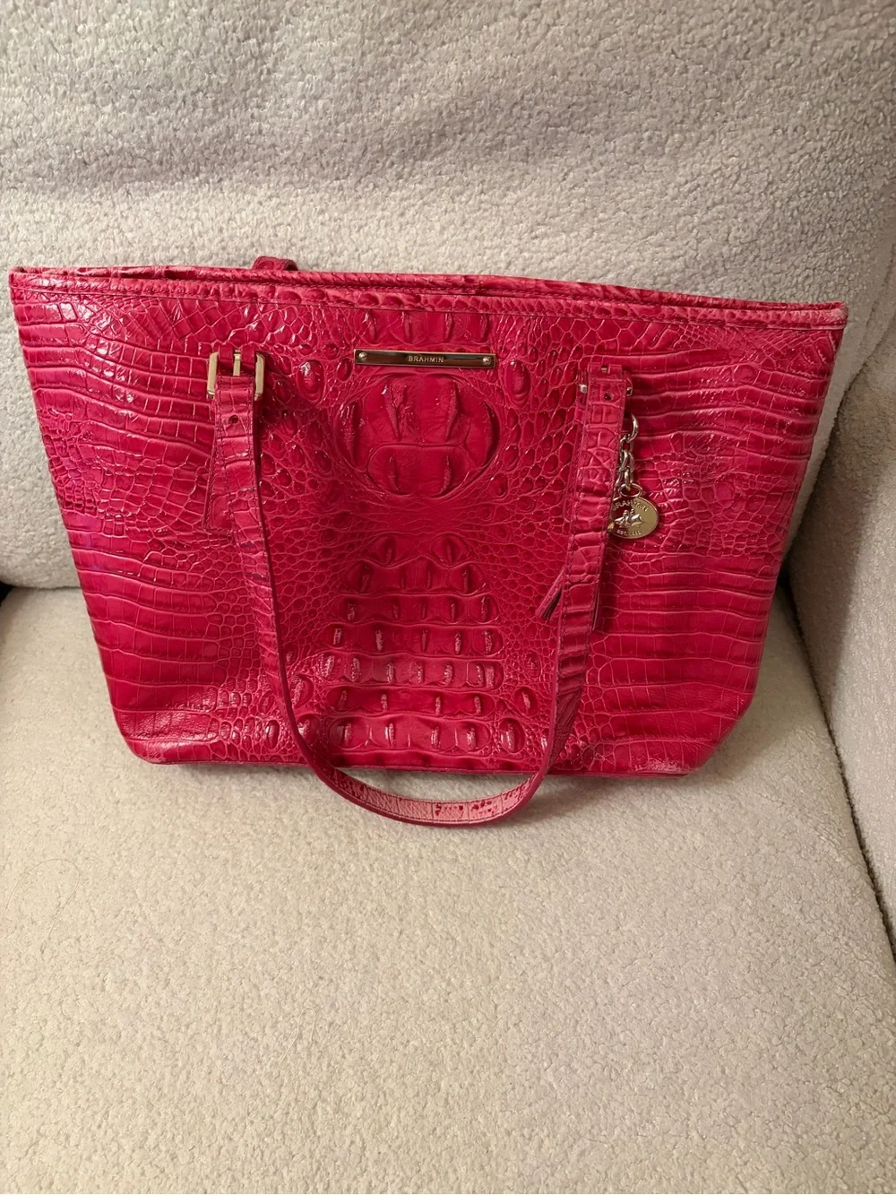 Brahmin Fuchsia Croc-Embossed Leather Tote with Gold Hardware